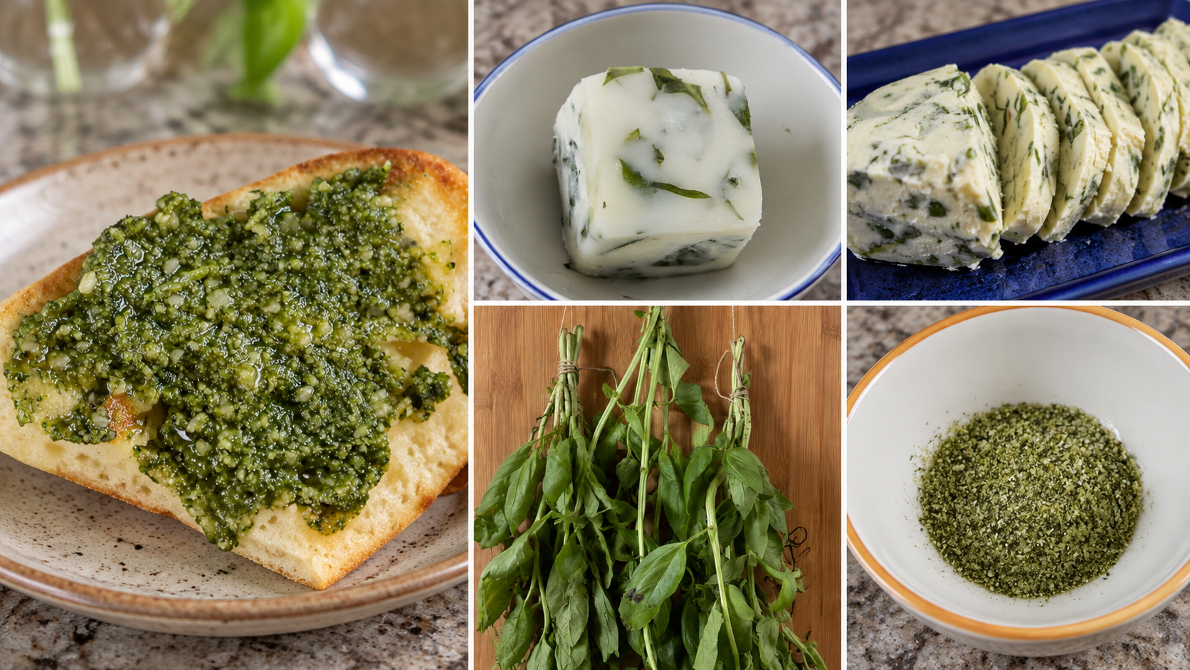 Collage of five basil preservation methods: cashew pesto on bread, a frozen basil portion, sliced compound butter, hanging basil bundles, and basil salt.